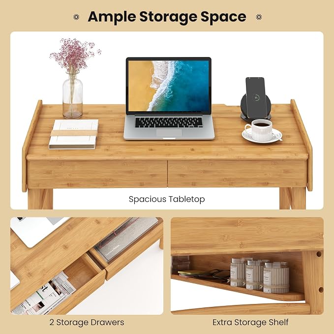 GIANTEX Computer Desk, 39.5" Bamboo Home Office Desk with 2 Storage Drawers and Open Shelf, Makeup Table Vanity Desk, Modern Writing Desk Computer Workstation for Bedroom, Study, Natural