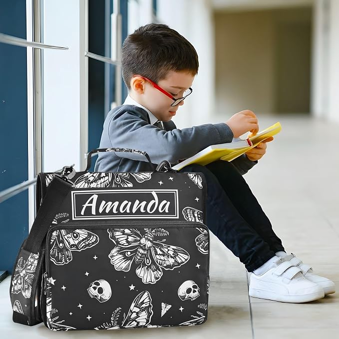 Custom 3 Ring Zipper Binder Skull Moon Moth Black Skeleton Personalized Name 1.5 inch Binders Large Capacity Multi Pockets for School Office Supplies
