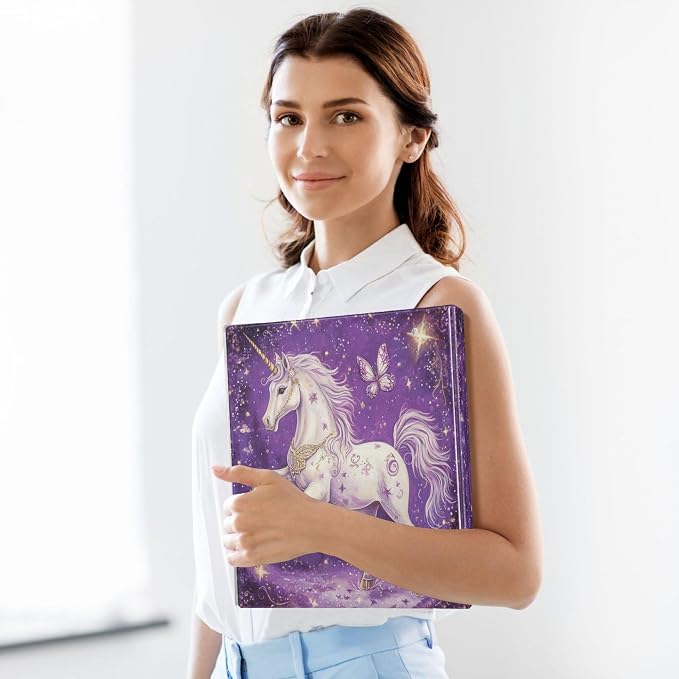 Dream Unicorn Butterfly Round Ring Binders 1.5 Inch Purple Horse Fairy Tale Style 3 Ring Clipboard Binder for Office School Work Supplies File Folder Document 200 Sheet Capacity Easy Open