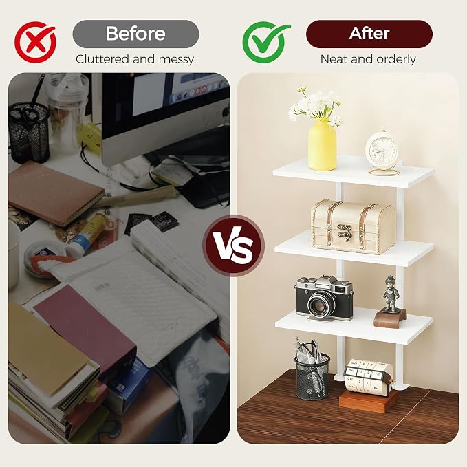 MAHANCRIS Clamp On Desk Organizer, 3-Tier Desktop Bookshelf, Adjustable Desk Storage Shelf, Metal Frame, for Office, Study and Game Room, White DSWT3601