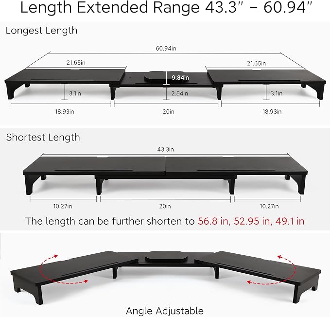 Nnewvante Monitor Stand Riser, 60 inch Bamboo Triple Monitor Stand for Desk | Black, Adjustable Length Angle, 3 Shelves Desktop Screen Riser, For Computer Laptop PC