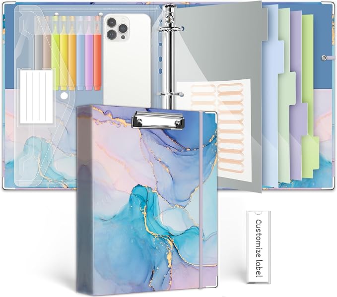 3 Ring 1 Inch Binder Organizer, KLLVE Three Ring Binders with Clipboard, 5-Tabs Pockets Dividers, Plastic Folder, 18 Divider Stikers,Pen Loop (Blue Marble, Letter Size)