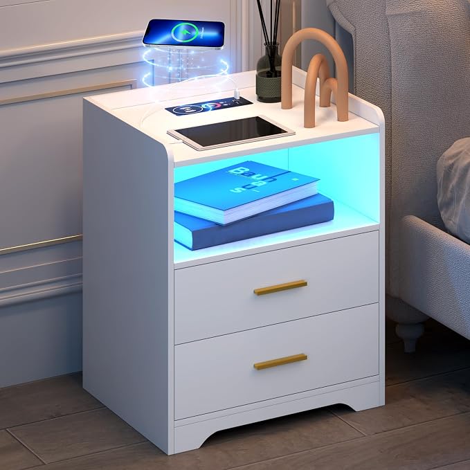 dnbss RGB Nightstand with Charging Station, Smart Bedside Table, White | LED Night Stand, 2 Drawers, 1 Compartment, Human Body Sensor, Modern End Side Table for Bedroom Living Room Office Storage