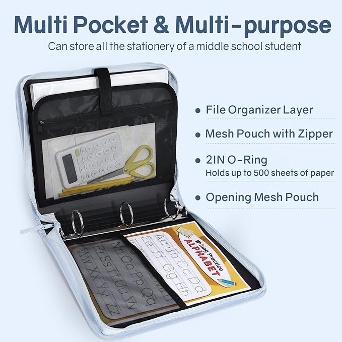 SUNEE Zippered Binder Bag with Handle, 2-Inch 3-Ring O-Ring, 500-Sheet Capacity, Includes Zip Pocket, 5-Tab Expanding File Folder, Multi-Pocket Organizer Binder for Middle School, Dusk Blue