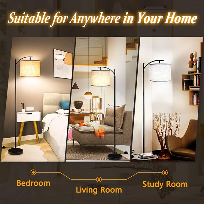 ROTTOGOON Floor Lamp with 3CCT LED Bulb, Gray Linen Lamp Shade for Living Room, Modern Standing Lamp for Bedrooms - Black