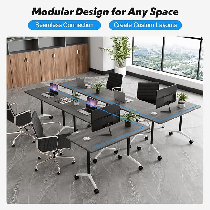Goakwwuz Conference Room Table, Folding Conference Tables,Thicken Grey Tabletop,Flip Top Wooden Seminar Meeting Room Table for Conference Room Offices (8, Grey, 61.0“)