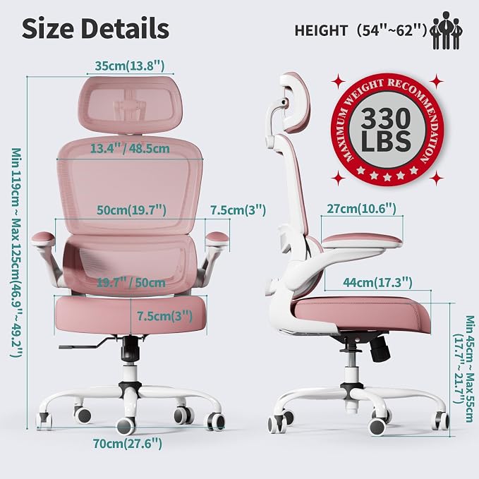 TRALT Office Chair Ergonomic Desk Chair - Gaming Chair with Lumbar Support | 330 LBS Home Office Desk Chairs with Headrest, Reading Chair with Flip-up Armrests, Comfortable Computer Chairs (1, Pink)