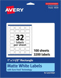 Avery® Matte White Rectangle Labels, Sure Feed® Technology, 1" x 1.5", 3,200 Matte White Printable Labels