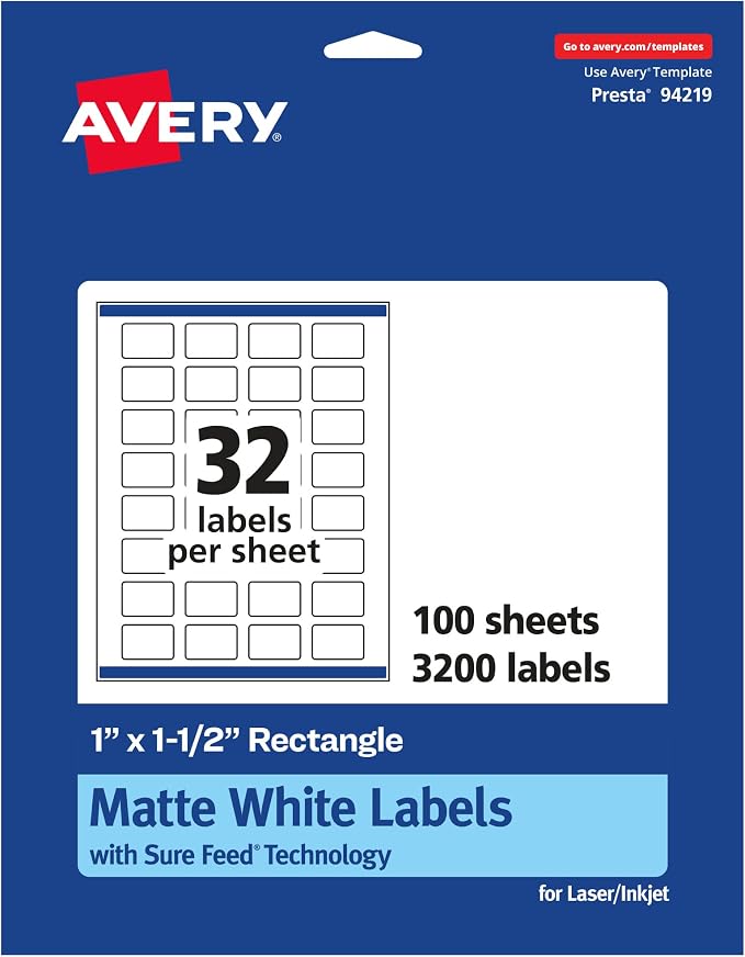 Avery® Matte White Rectangle Labels, Sure Feed® Technology, 1" x 1.5", 3,200 Matte White Printable Labels