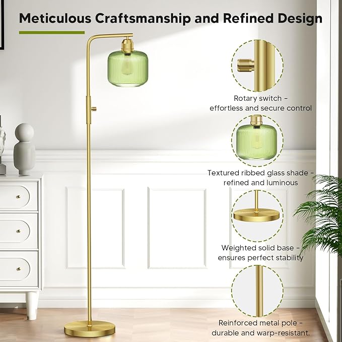 66" Dimmable Gold Standing Lamp with Green Ribbed Glass for Living Room | Vintage Floor Lamp with Brushed Gold, Stepless Rotary Switch and 3000K LED Bulb, Arc Floor Lamp for Bedroom & Study Room