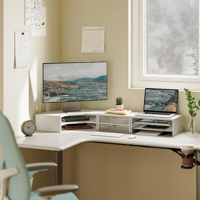 Fenge Dual Monitor Stand with Storage, Corner Desk Shelf for Top of Desk | Wooden Monitor Riser with Drawer and Slide-Out Tray, 2 Tier Storage, for Home Office, Computer, Laptop, Printer