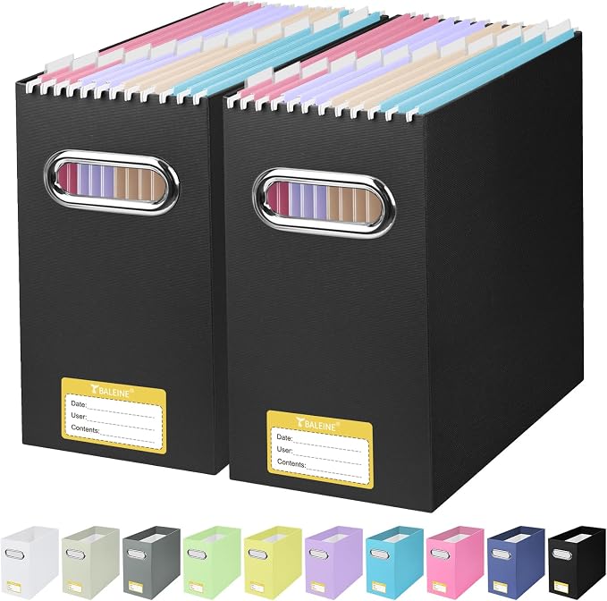 BALEINE 2PK File Organizer Box, Cardboard File Folder Organizer with Handle | Strong Corrugated Paper Core, Label Stickers for Identification, Hanging File Folder Organizer, Home Office Document Storage