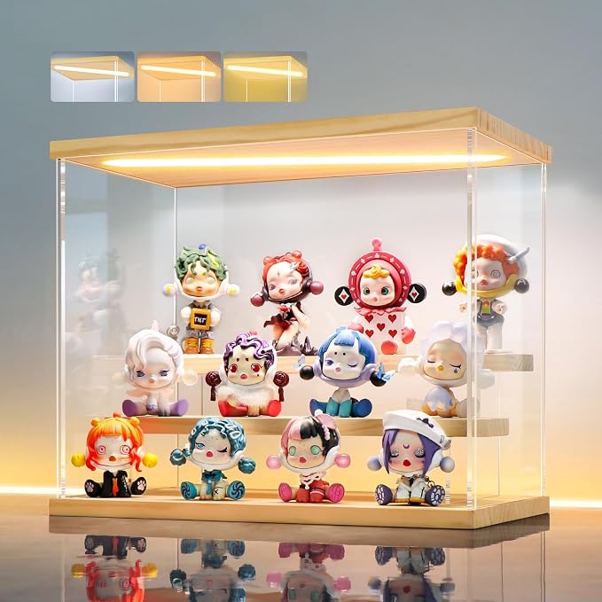 LANSCOERY Acrylic Display Case for Collectibles, 3-Tier LED Light, Wood | 3mm clear acrylic panels with front door access and tri-color top light for small figures on a desk or shelf.