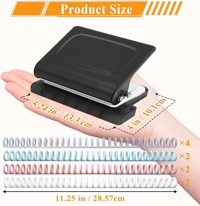 10 Hole Punch Binding Machine for Planners with 10 Multi-Color Binder Rings | 30 Holes on A4, 20 Holes on A5, 26 Holes on B5, 10 Sheet Capacity (Black)