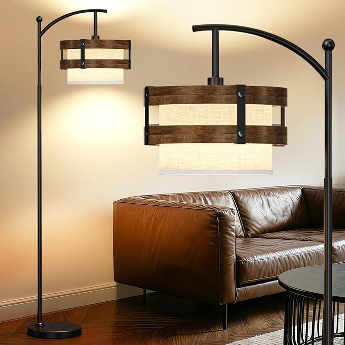 67" Industrial Floor Lamp with Wood & Black Metal Shade, Modern Standing Lamp, Rustic Farmhouse Tall Lamp for Living Room Bedroom Office, 2700K Bulb & Foot Switch Included (Black+ Wood -FL-2529)