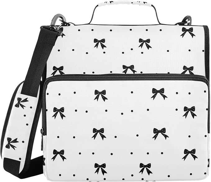 Black Bow Dot White Zipper Binder with Shoulder Strap Trapper Keeper 3 Ring Binder Organizer Large Capacity Multiple Compartments for School Office