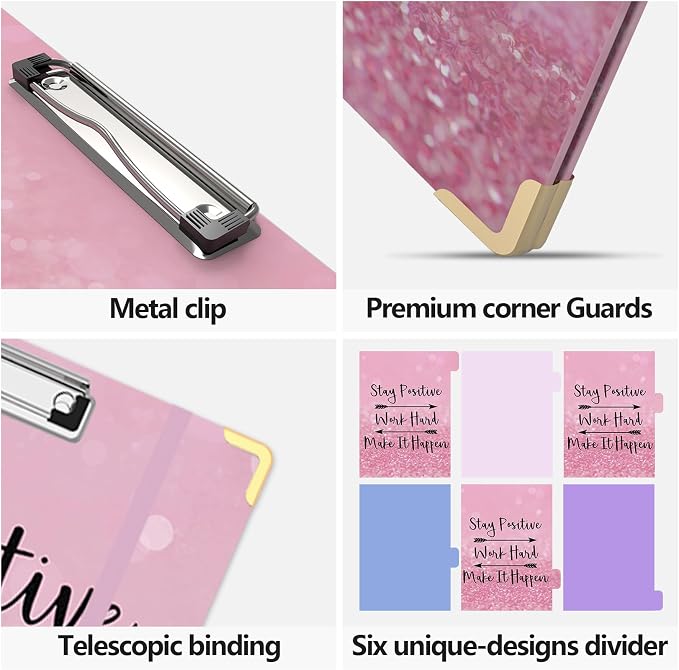 3 Ring Binder 1 Inch Round Ring Binder with 6 Tab Dividers，2 Interior Pockets，Cute Binder Clipboard with Storage, for School Office, Portfolio(Stay Positive)