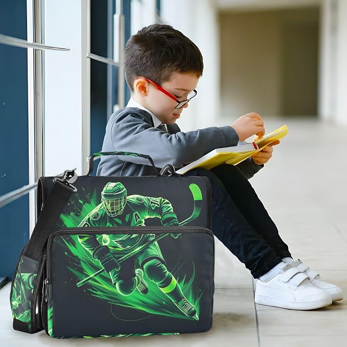 3 D-Ring Zipper Binder Bag, Green Hockey Player Sport Removable Binder with Zipper Case Hold 300+ Sheets& 13 Inch Laptop for School Office Supplies Organizer