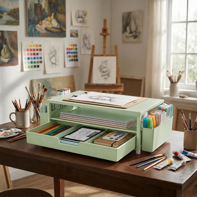 ECOLOVI Desk Organizer and Accessories, 2-Tier Computer Monitor Stand Rise with Storage Drawer & 2 Pen Holders, Laptop & Printer Stand for Desktop, Workspace Organizers for Office Supplies (Green)