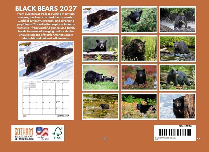 Poster Foundry Black Bear Calendar 2027 Monthly Wall Calender 12 Month | American Made In The USA
