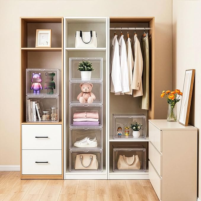 2 Pack Clear Acrylic Display Case, 3 Tier Small Adjustable Display Box, Collectible Showcase with Magnetic Door, Figure Storage Shelf, Stackable Purse Organizer for Closet, Book, Cosmetic