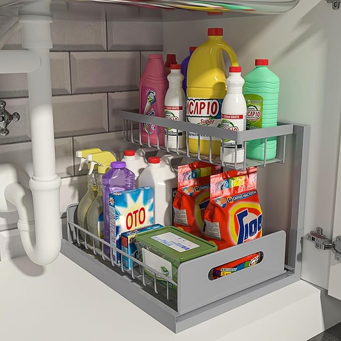 REALINN Under Sink Organizer, Pull Out Cabinet Organizer 2 Tier Slide Out Sink Shelf Cabinet Storage Shelves, Storage for Kitchen Bathroom, Grey, 1 Pack