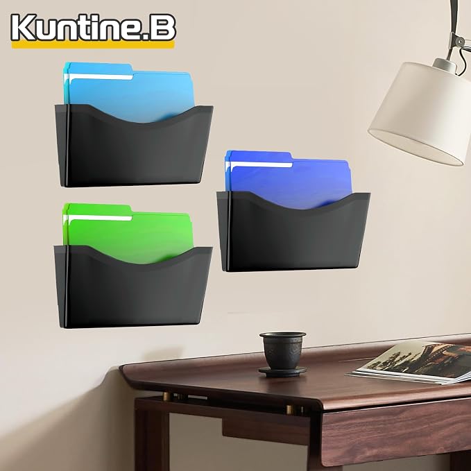 Kuntine.B 3 Pack Black Single Pocket File Holder Hanging Wall Organizer, Wall Mount Mails Magazines Organizer for Office and Home