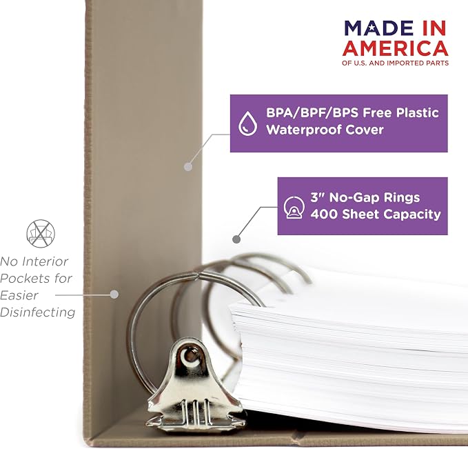 Carstens 3-Inch Heavy Duty 3-Ring Binder - Side Opening, Sand, Durable Plastic, Precision No-Gap Rings, Waterproof Cover, No Pockets, Holds 400 US Letter Sheets, BPA-Free, Made in USA (1713-3R)