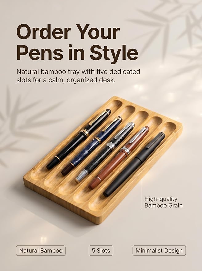 Natural Bamboo 5-Slot Fountain Pen Storage Tray, Anti-Roll Wooden Pen Organizer, Minimalist Zen Desk Pen Holder for Pen Collectors, Office & Study Desktop Stationery Display Tray