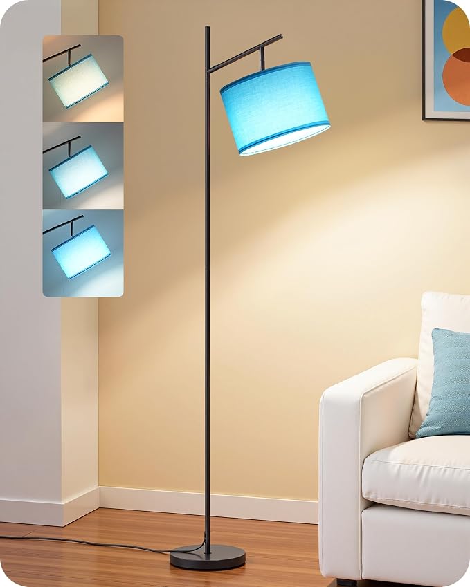 EDISHINE Blue Floor Lamps for Living Room, 64.7" Modern Standing Lamp | 3 Color Temperatures, Bulb Included, Adjustable Linen Shade, Foot Switch, Weighted Base, Tall Light for Office, Bedroom