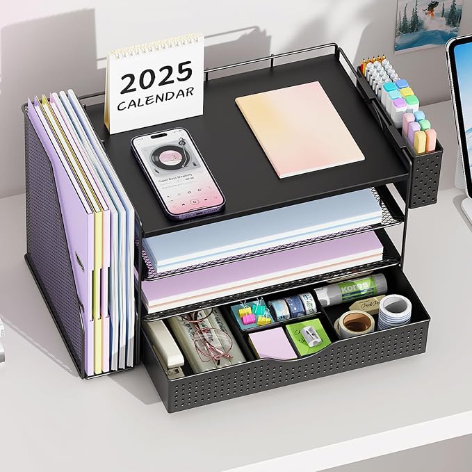 gianotter Wood Desk Organizers and Accessories with File Holder, 4-Tier Desk Accessories & Workspace Organizers with Drawer and Pen Holder, Desk Reference Organizer (Black, 4T with Drawer)