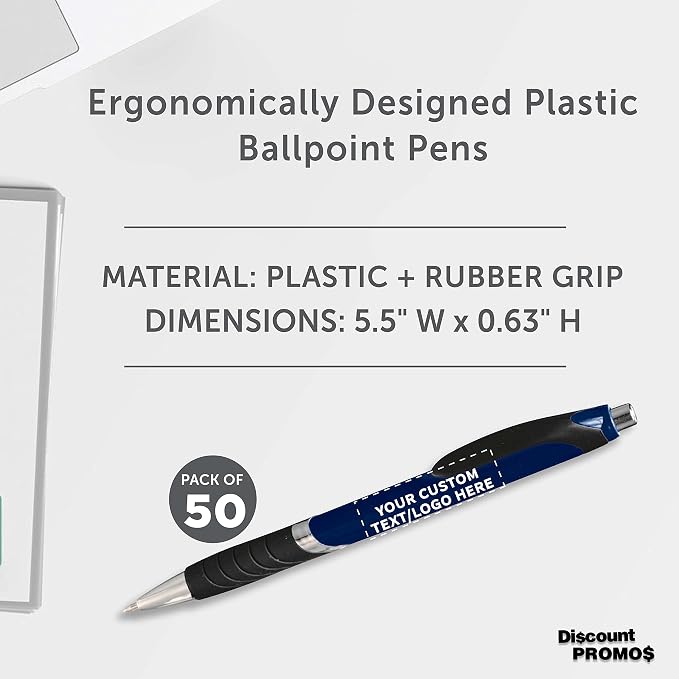 DISCOUNT PROMOS Ballpoint Pens With Rubber Grip - 50 pack - Customizable Text, Logo - Black Ink Ball Point Pen with Soft Touch Plastic - Navy Blue
