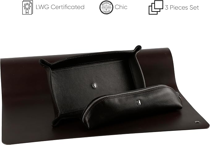 3-Pc Premium Full-Grain Leather Desk Organizer Set | Mat, Pencil Case & Tray | Chic Decor Accessories | Gift for Christmas, Birthday & Anniversary, Black