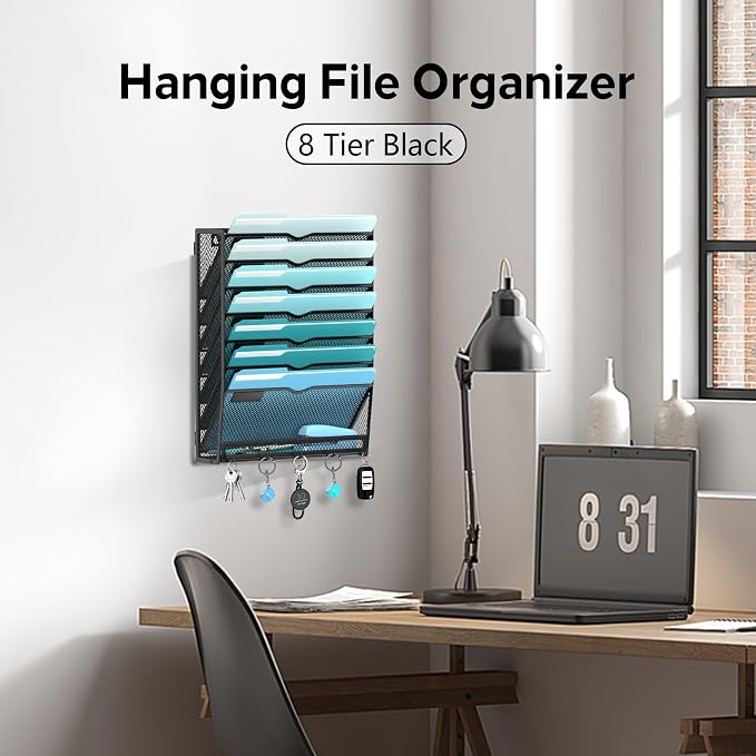 8-Tier Wall File Organizer and Mail Organizer with 5 Hooks, 2 Pack | Label slots, curved openings, 5 key hooks, and a bottom tray support organized mail, file, and everyday item storage.