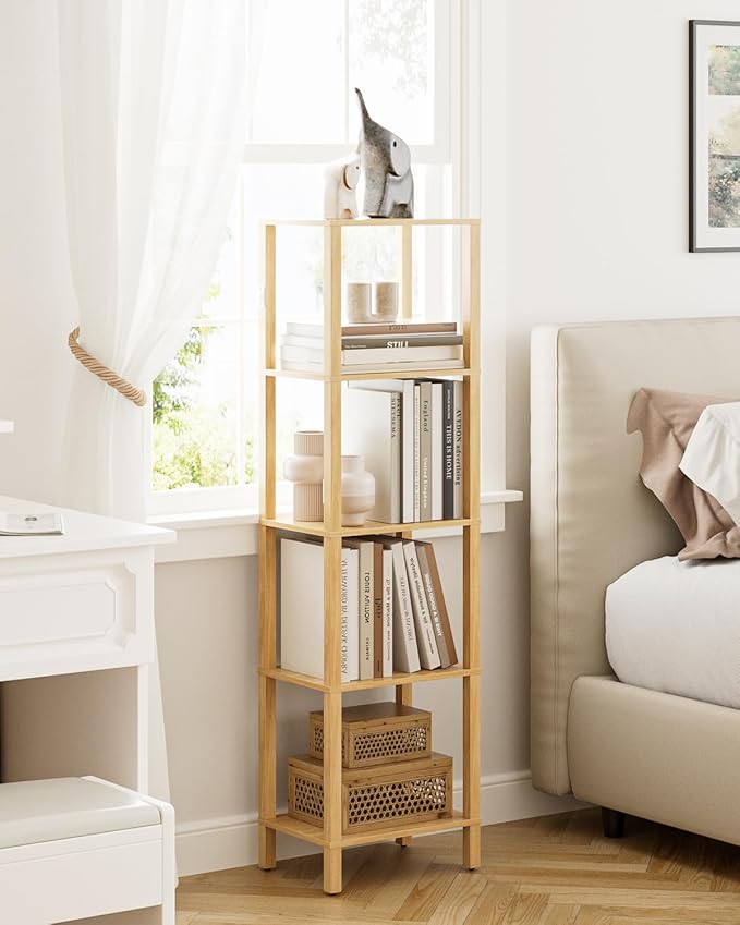 Open Book Shelf, 5 Tier Tall Bookshelf, Freestanding Shelf Narrow Bookcase with Open Shelves, 14.96" x 10.63" x 53.54", Book Shelves for Living Room, Office, Study, Oak