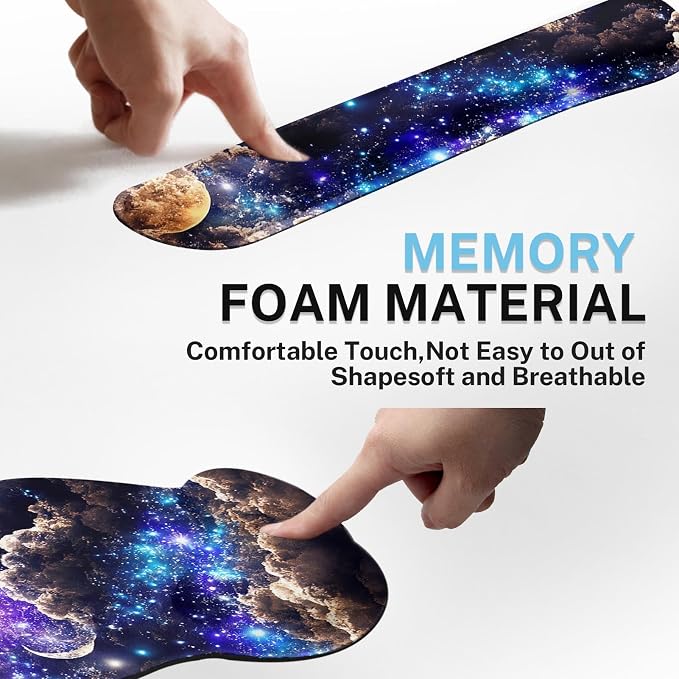 Keyboard Mouse Pad Set, 4 in 1 Desk Mat Set, Space Moon | Night Cloud Blue Large Mousepad+Keyboard Wrist Rest+Mouse Wrist Rest+Coaster Ergonomic Design for Home Office Computer