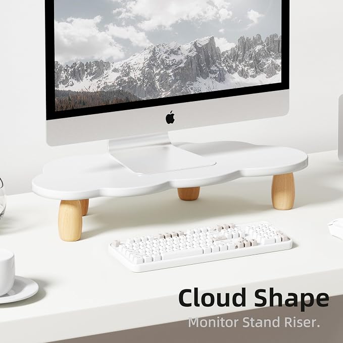 AFOOYO Monitor Stand Riser,Cloud Shape Wood Computer Monitor Stand, 16.5IN Monitor Stand Riser, Multi-Purpose Desktop Organizer Riser for Computer,Laptop,Printer,TV,White