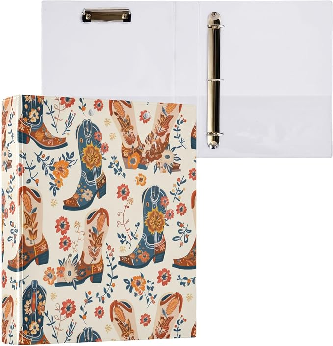 Retro Cowgirl Boots 3 Ring Binder, 1.5 Inch Round Ring Binders Clipboard Work Binders Organizer with Pockets Holds 200 Sheets for School Office 1 Pack