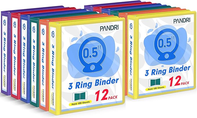 3 Ring Binder 0.5 Inch, PANDRI 12 Pack 0.5-Inch Binder Fits Letter Size 8.5'' x 11'' Paper, Versatile Binders for Office Home School, 2 Pockets, Color