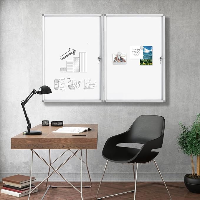 Lockable Dry Erase Board 36x24 Inches Enclosed Bulletin Boards White Board Frame Display Case,with Magnets,for School Message Notice Whiteboard (White Board)