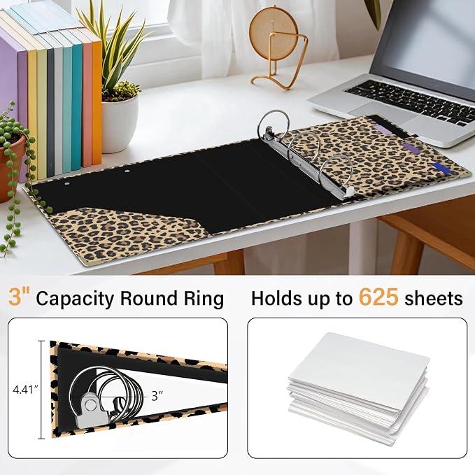 3 Ring Binder 3 Inch Round Ring Binder with 6 Tab Dividers，2 Interior Pockets，Cute Binder Clipboard with Storage, for School Office, Portfolio Organizer with Labels(Cheetah Spots)