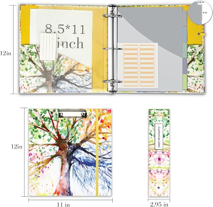 2 Inch 3 Ring Binder Organizer with Clipboard, 5-Tabs Pockets Dividers, Plastic Folder, 18 Divider Stikers, KLLVE Three Ring Binder with Pen Loop (Green Tree, Letter Size)