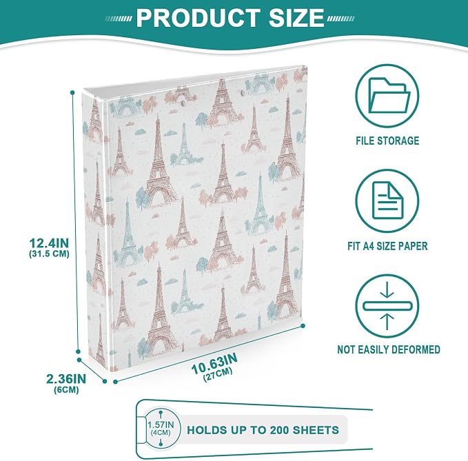 Eiffel Tower Paris 1.5 Inch 3 Round Ring Binders with Pocket Clip, Holds 200 Sheets Documents for Office Classroom Student Organization Hard d Ring Binders with Printed