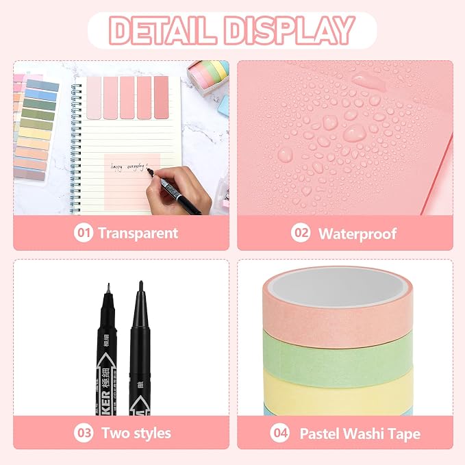 Sinload 60 Pcs Aesthetic Book Annotation Kit School Supplies Cute Pencil Case Mini Stapler Set 12 Highlighter 5 Gel Pen 6 Pencil 5 Magnetic Bookmark 1220 Sticky Note Student Stationary(Pink)