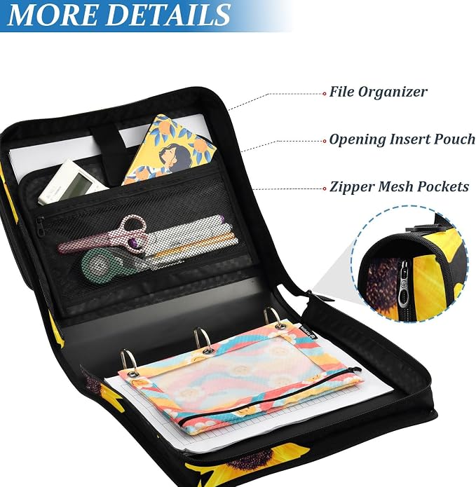 Sunflower Binder Bag 3 Ring Zipper with Handle Shoulder Strap | for School Work Office Organizer Storage Case