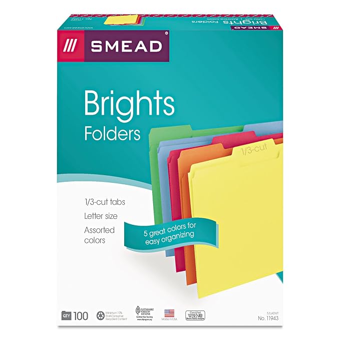 Smead File Folders Letter Sized, 1/3-Cut Tab, Assorted Positions, Letter Size, Assorted Primary Colors, 100 Per Box (11943)