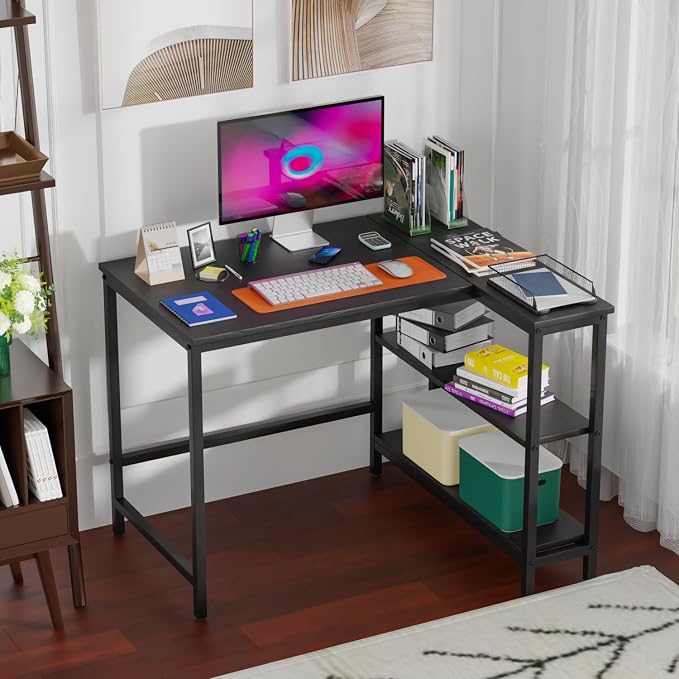 FDW L-Shaped Gaming Desk 39 Inch Computer Desk Corner Desks with Reversible Side Storage Shelves Study Desk Metal Frame PC Work Table for Home Office Dorm Sturdy Writing Workstation, Black