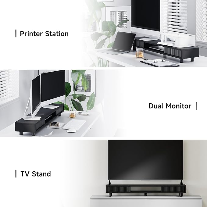 Fenge Dual Monitor Stand with Storage, Desk Shelf with Glass Sliding Door | Ergonomic Height Adjustment, 42.5in Monitor Shelf, 2-Tier Monitor Riser, Desk Organizer for Screen, PC, Laptop, Balck