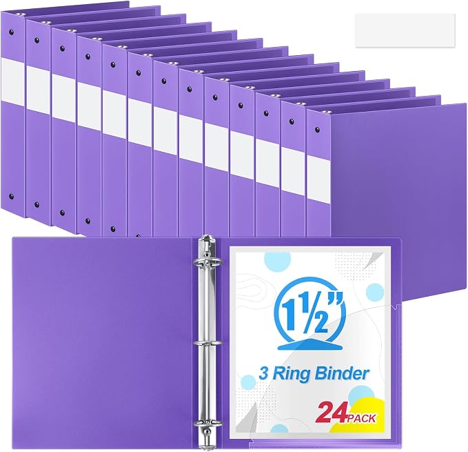 Henoyso 24 Pcs 1.5 Inch 3 Ring Binders, Letter Size,Purple | Binders Bulk, Holds 350 Sheets, Round Rings, Durable Flexible PP Plastic Covers, Pockets Labels, School Office Supplies