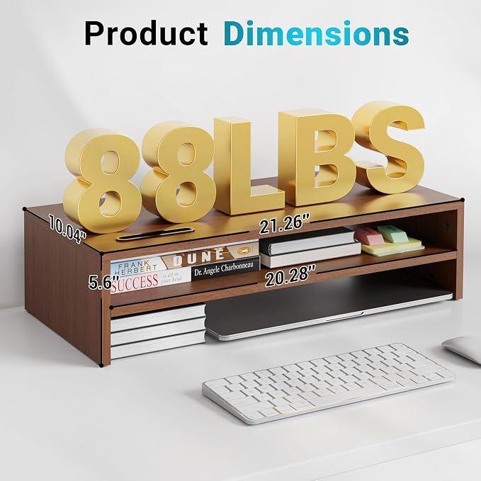 BONTEC Wood Monitor Stand Riser, 2-Tier Desktop Organizer | Ergonomic Computer Stand for Desk, Cable Management, Cellphone Holder, 21.3 Inch Shelf, Walnut
